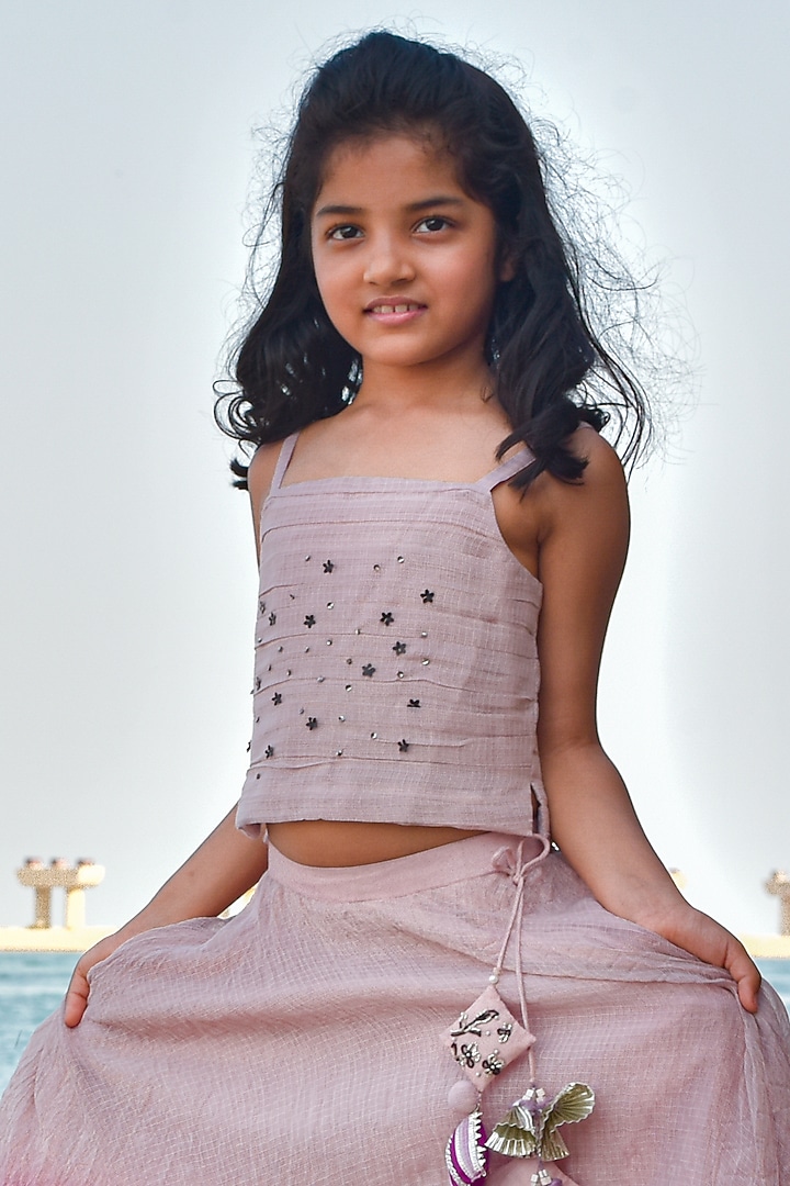 Pink Kota Doriya Hand Embroidered Ombre Lehenga Set For Girls by Swati Golyan at Pernia's Pop Up Shop