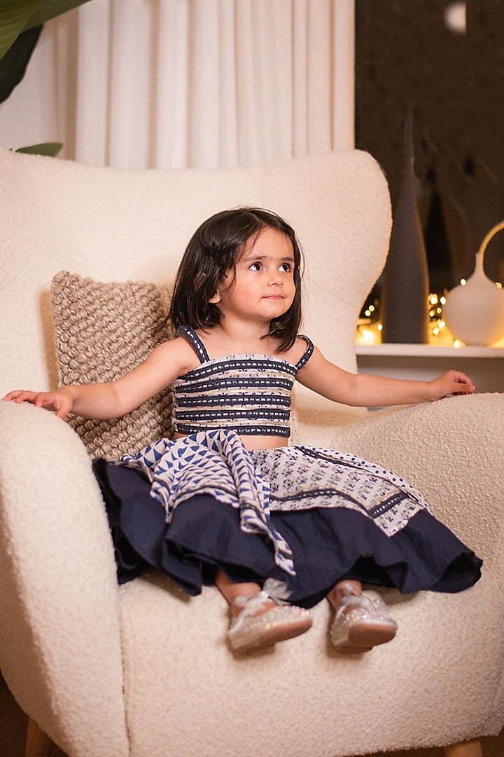 Blue Cotton Hand-Block Printed Lehenga Set For Girls by Swati Golyan at Pernia's Pop Up Shop