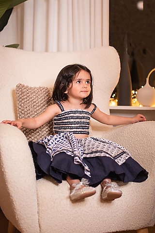 Blue Cotton Hand-Block Printed Lehenga Set For Girls by Swati Golyan