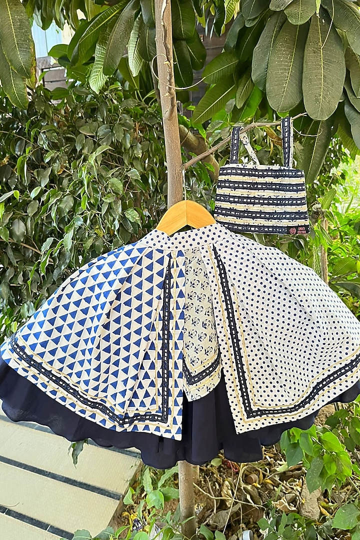 Blue Cotton Hand-Block Printed Lehenga Set For Girls by Swati Golyan at Pernia's Pop Up Shop