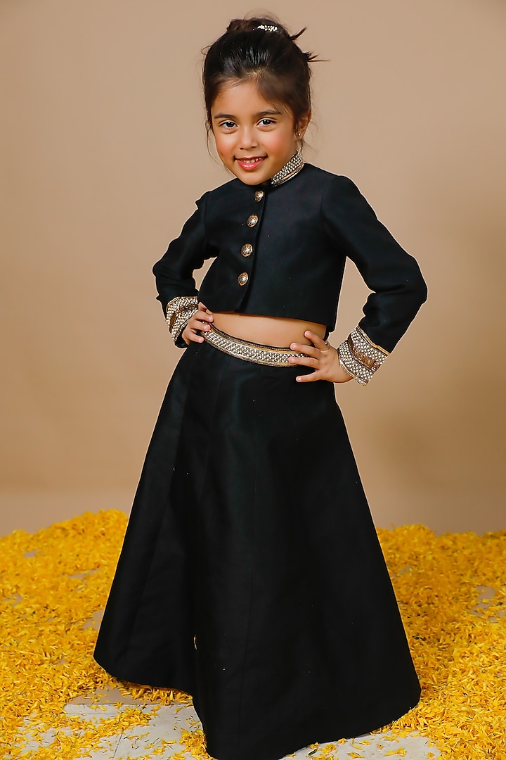 Black Chanderi Pearl Embroidered Lehenga Set For Girls by Swati Golyan at Pernia's Pop Up Shop