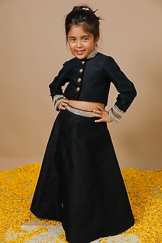 Black Chanderi Pearl Embroidered Lehenga Set For Girls by Swati Golyan