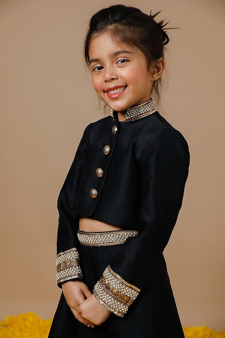 Black Chanderi Pearl Embroidered Lehenga Set For Girls by Swati Golyan at Pernia's Pop Up Shop