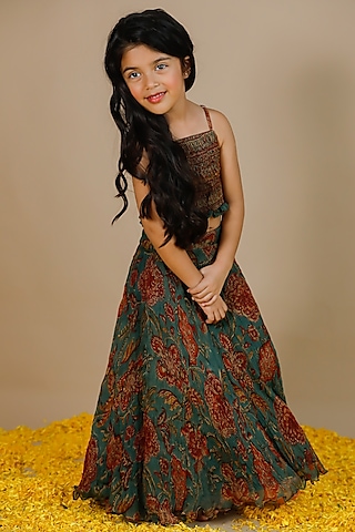 Green Kota Doriya Hand Block Printed Lehenga Set For Girls by Swati Golyan