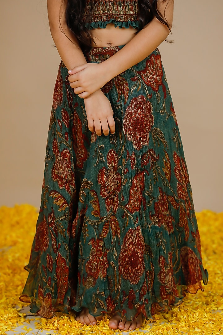 Green Kota Doriya Hand Block Printed Lehenga Set For Girls by Swati Golyan at Pernia's Pop Up Shop