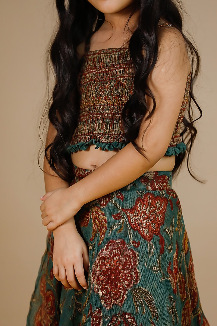 Green Kota Doriya Hand Block Printed Lehenga Set For Girls by Swati Golyan at Pernia's Pop Up Shop