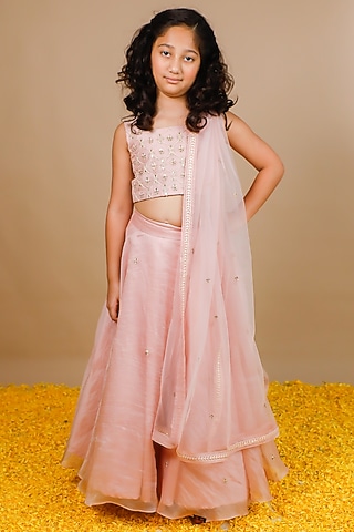 Pink Silk Organza Thread Hand Embroidered Lehenga Set For Girls by Swati Golyan