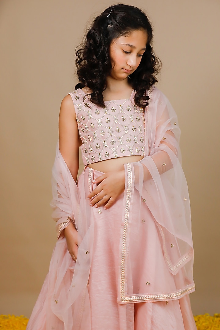 Pink Silk Organza Thread Hand Embroidered Lehenga Set For Girls by Swati Golyan at Pernia's Pop Up Shop