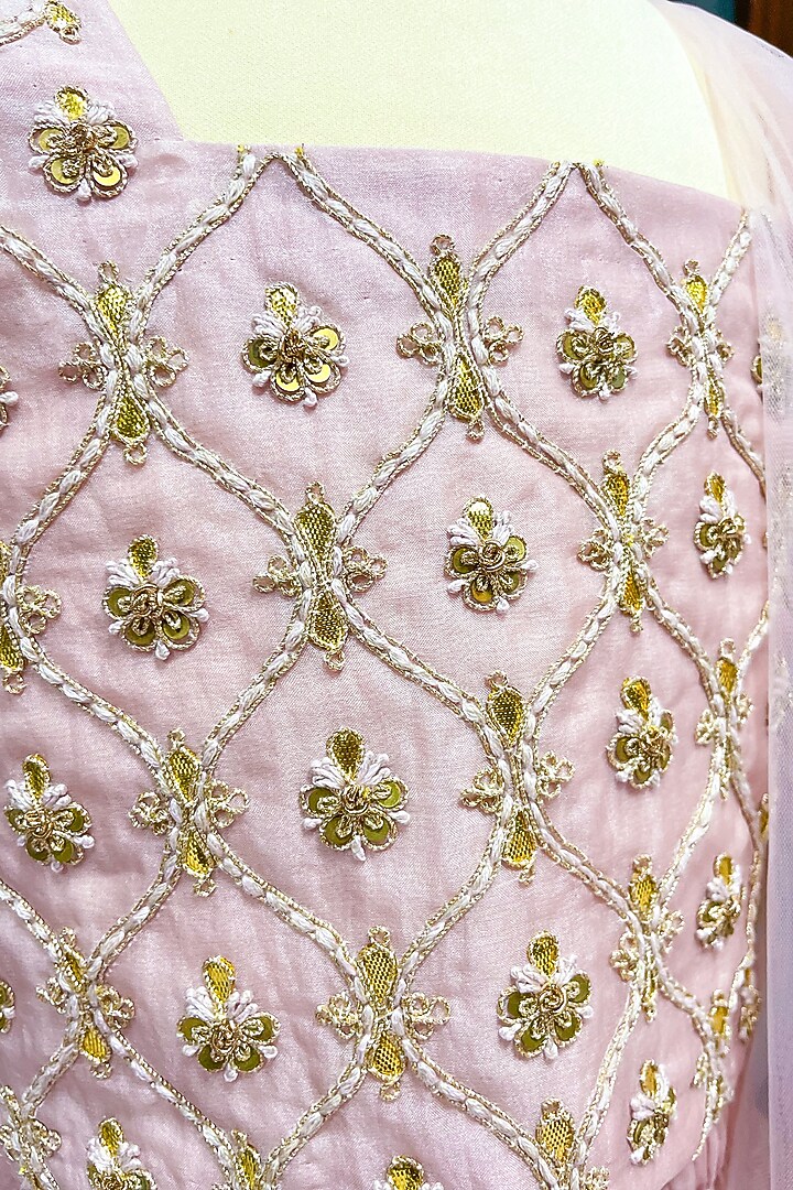Pink Silk Organza Thread Hand Embroidered Lehenga Set For Girls by Swati Golyan at Pernia's Pop Up Shop