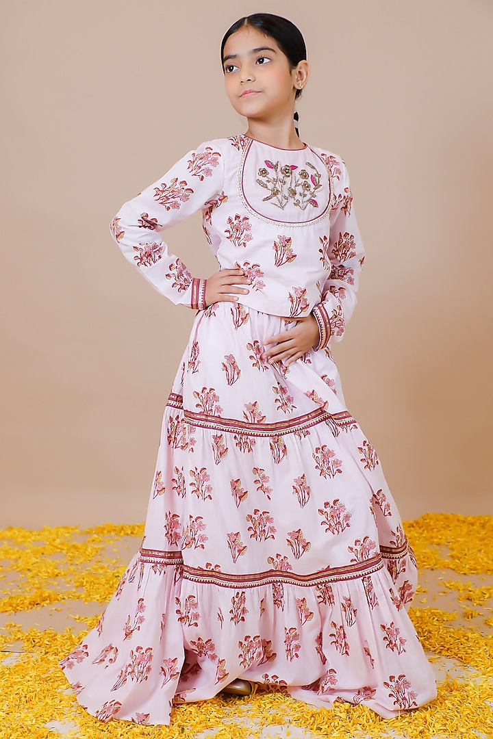 Pink Cotton Hand Block Printed Tiered Lehenga Set For Girls by Swati Golyan at Pernia's Pop Up Shop