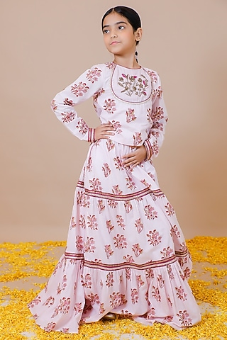 Pink Cotton Hand Block Printed Tiered Lehenga Set For Girls by Swati Golyan
