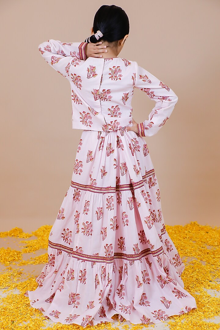 Pink Cotton Hand Block Printed Tiered Lehenga Set For Girls by Swati Golyan at Pernia's Pop Up Shop