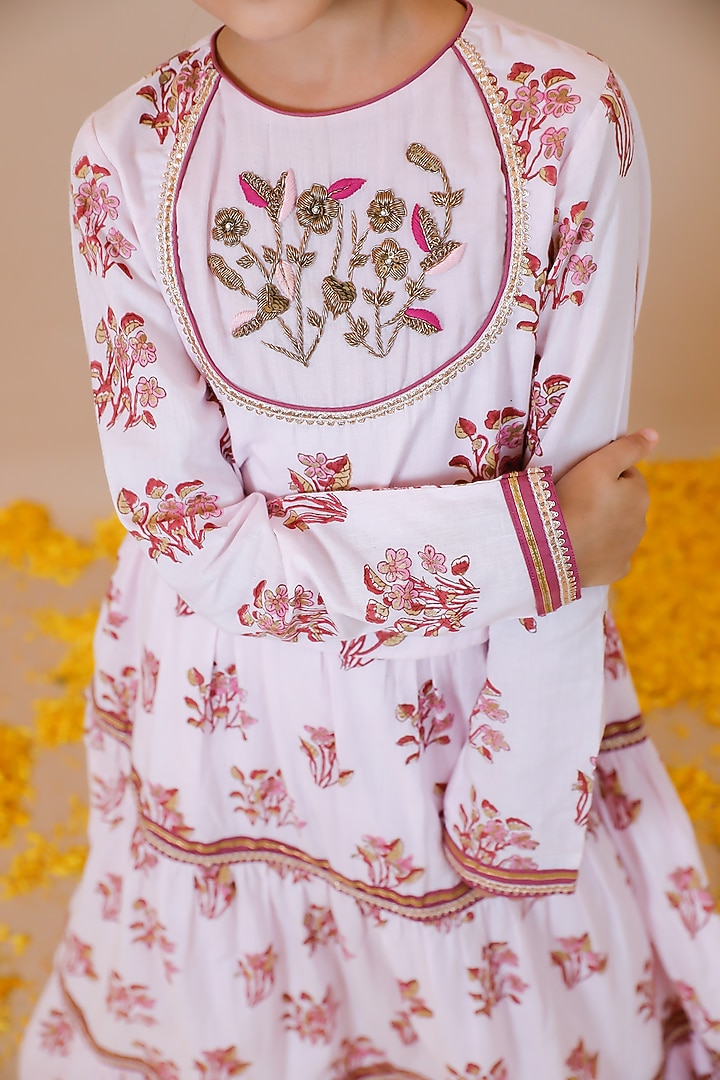 Pink Cotton Hand Block Printed Tiered Lehenga Set For Girls by Swati Golyan at Pernia's Pop Up Shop