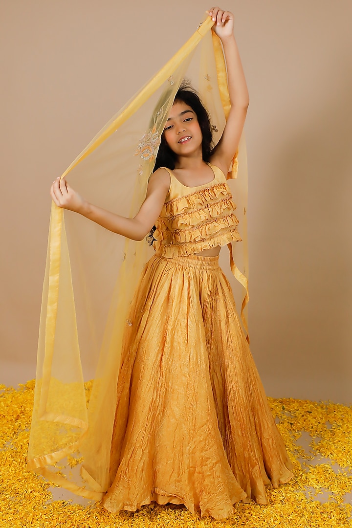 Mellow Yellow Silk Hand Crushed Lehenga Set For Girls by Swati Golyan