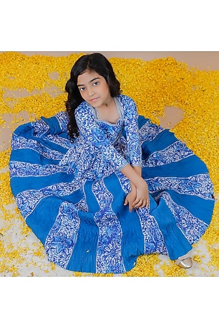 Blue Cotton Hand Block Printed Lehenga Set For Girls by Swati Golyan