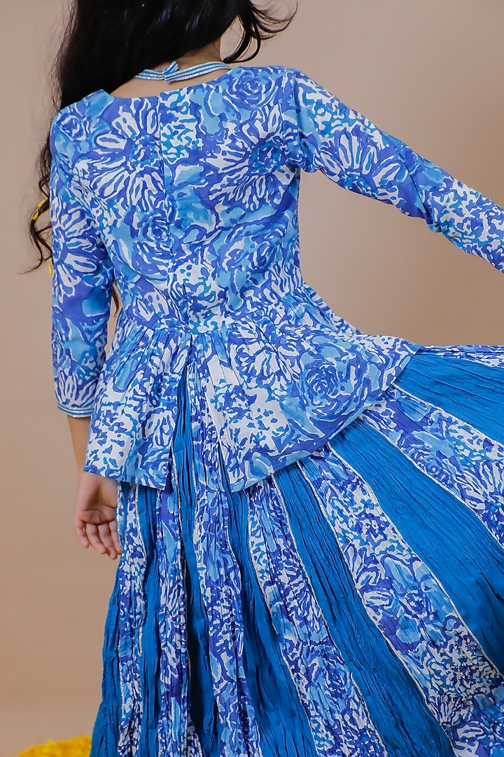Blue Cotton Hand Block Printed Lehenga Set For Girls by Swati Golyan at Pernia's Pop Up Shop