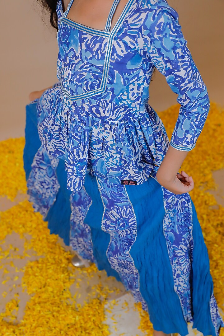 Blue Cotton Hand Block Printed Lehenga Set For Girls by Swati Golyan at Pernia's Pop Up Shop