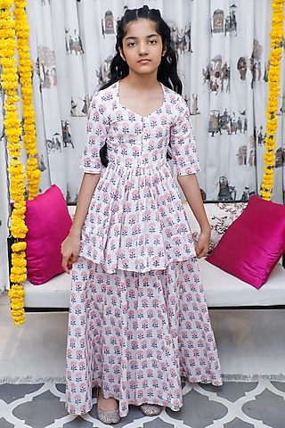 White Cotton Hand Block Printed Lehenga Set For Girls by Swati Golyan