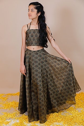 Olive Green Chanderi Hand Block Printed Lehenga Set For Girls by Swati Golyan
