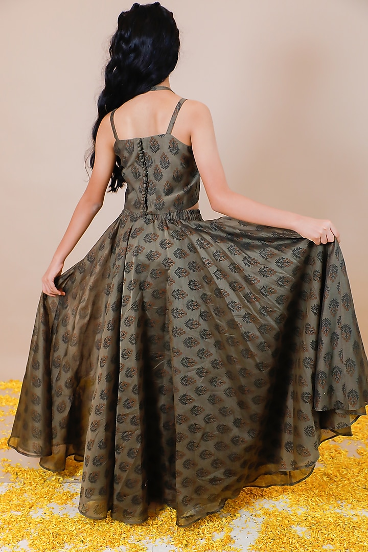 Olive Green Chanderi Hand Block Printed Lehenga Set For Girls by Swati Golyan at Pernia's Pop Up Shop
