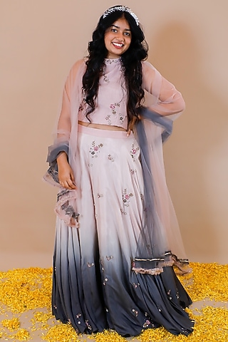 Pink & Black Silk Santoon Hand Embroidered Lehenga Set For Girls by Swati Golyan