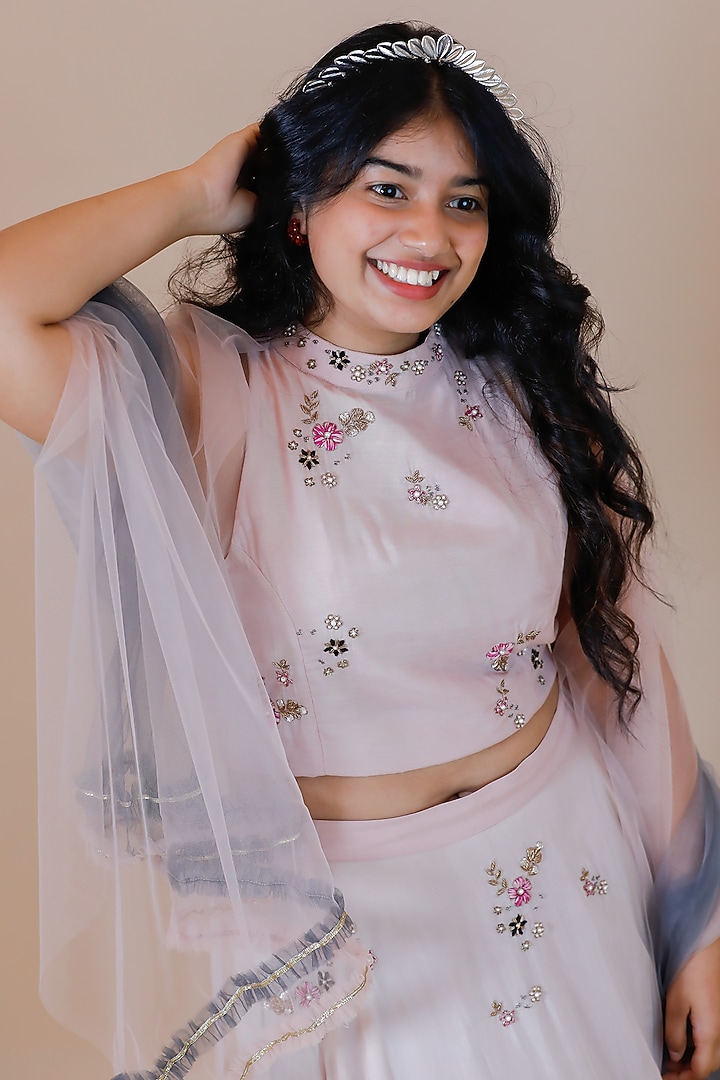 Pink & Black Silk Santoon Hand Embroidered Lehenga Set For Girls by Swati Golyan at Pernia's Pop Up Shop