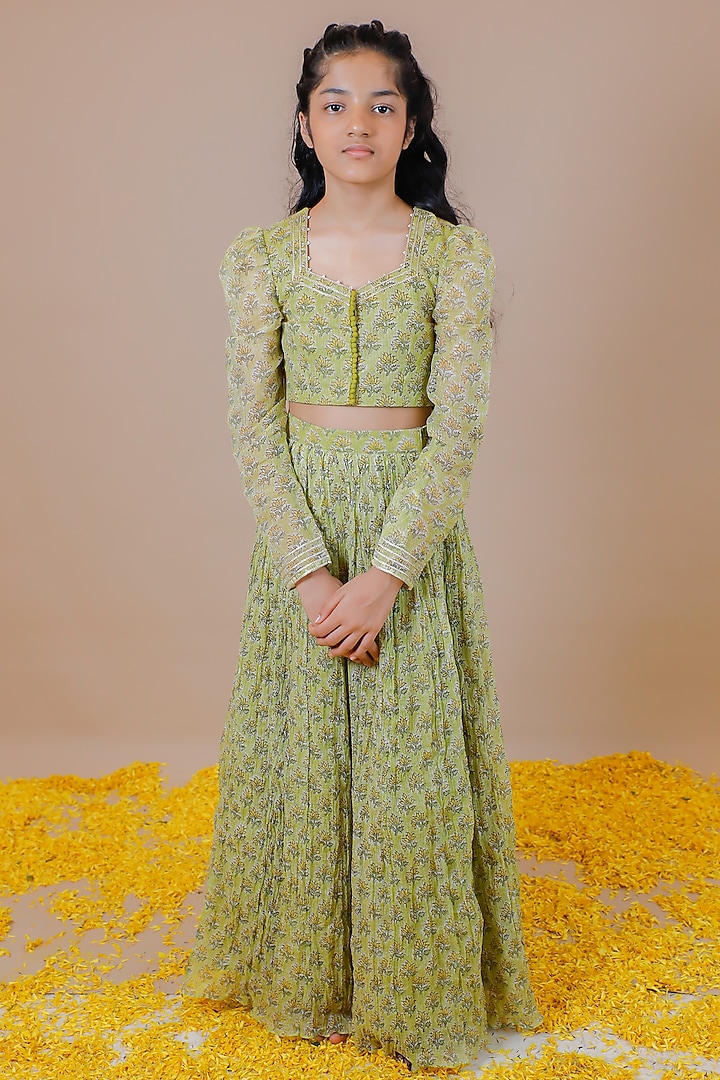 Green Kota Doriya Hand Block Printed Lehenga Set For Girls by Swati Golyan