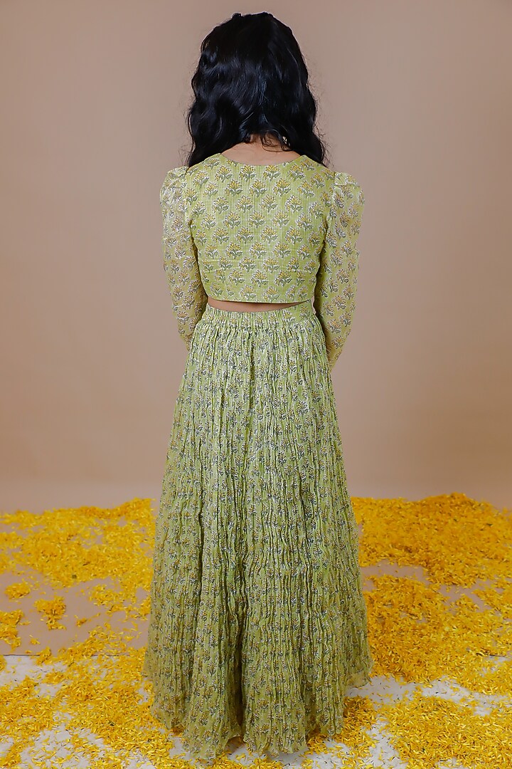Green Kota Doriya Hand Block Printed Lehenga Set For Girls by Swati Golyan at Pernia's Pop Up Shop