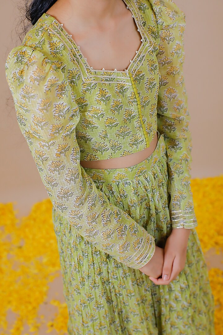 Green Kota Doriya Hand Block Printed Lehenga Set For Girls by Swati Golyan at Pernia's Pop Up Shop
