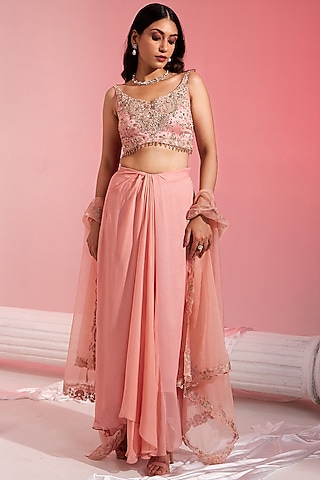 Peach Georgette Draped Skirt Set by Swati Wadhwani Couture