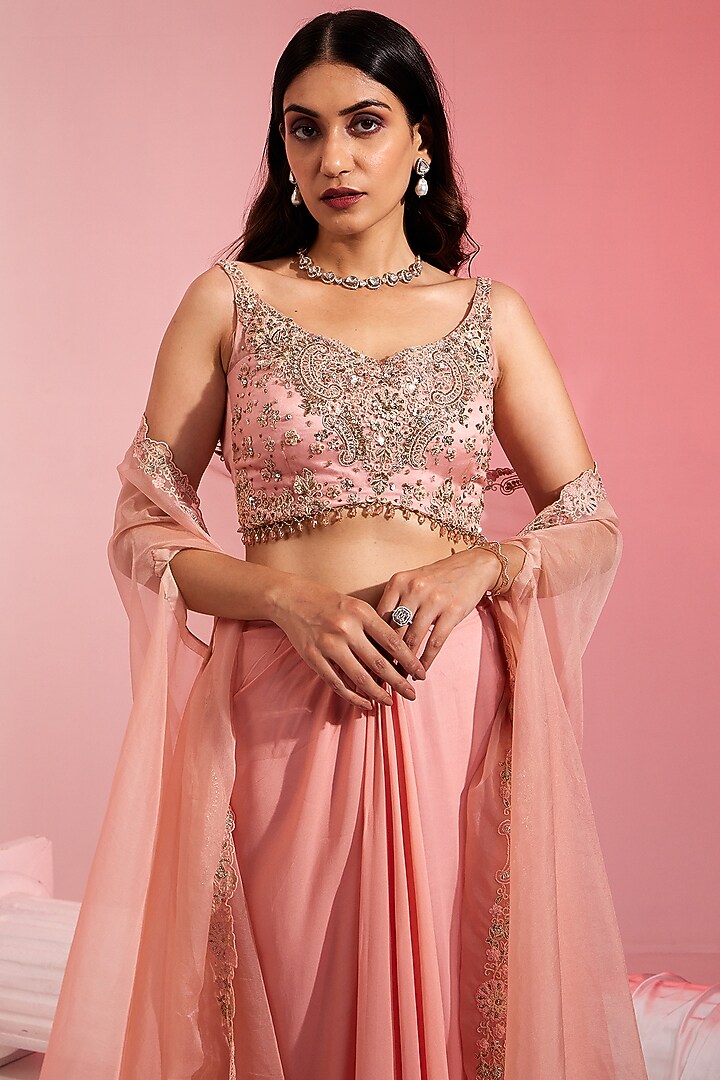 Peach Georgette Draped Skirt Set by Swati Wadhwani Couture at Pernia's Pop Up Shop