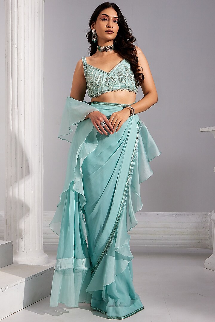 Ice Blue Georgette & Organza Sequins Embroidered Draped Saree Set by Swati Wadhwani Couture