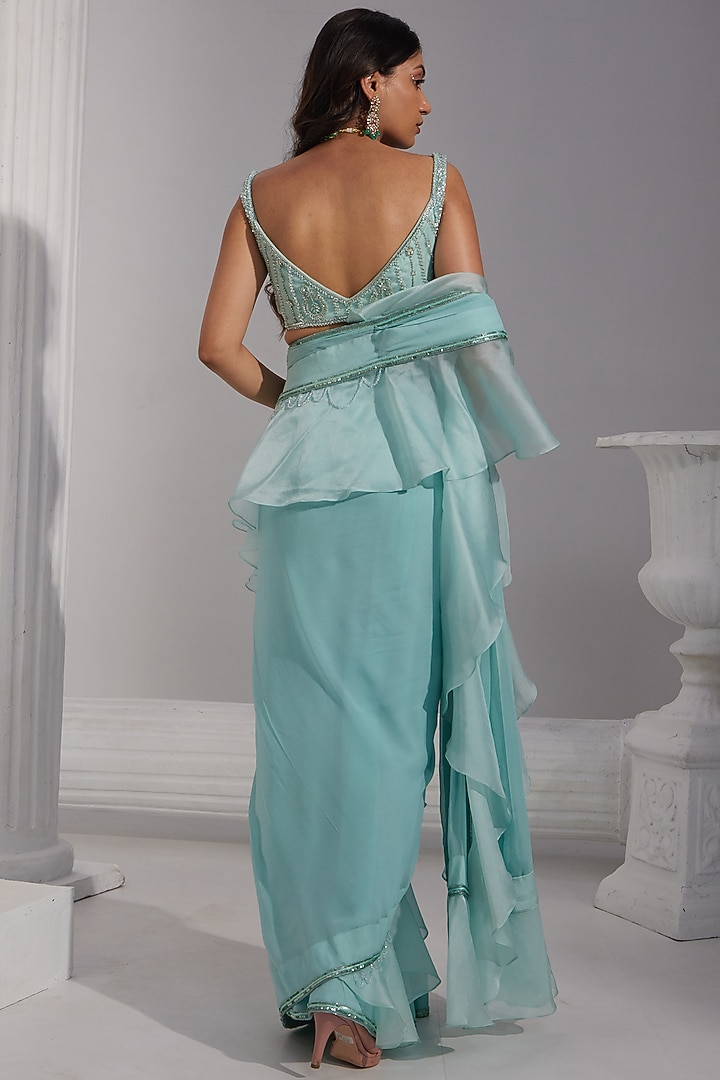 Ice Blue Georgette & Organza Sequins Embroidered Draped Wedding Saree Set by Swati Wadhwani Couture at Pernia's Pop Up Shop