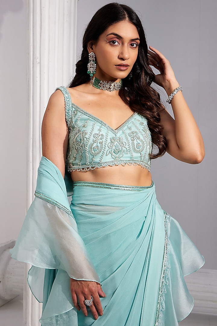 Ice Blue Georgette & Organza Sequins Embroidered Draped Wedding Saree Set by Swati Wadhwani Couture at Pernia's Pop Up Shop