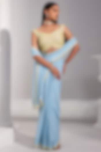 Powder Blue Georgette Pearl & Sequins Embroidered Draped Saree Set by Swati Wadhwani Couture