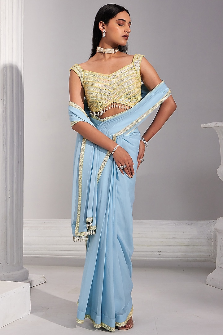 Powder Blue Georgette Pearl & Sequins Embroidered Draped Saree Set by Swati Wadhwani Couture