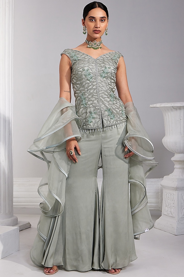 Mint Aqua Organza & Satin Georgette Sharara Set by Swati Wadhwani Couture