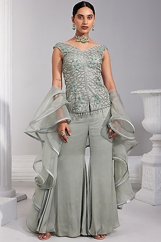 Mint Aqua Organza & Satin Georgette Sharara Set by Swati Wadhwani Couture