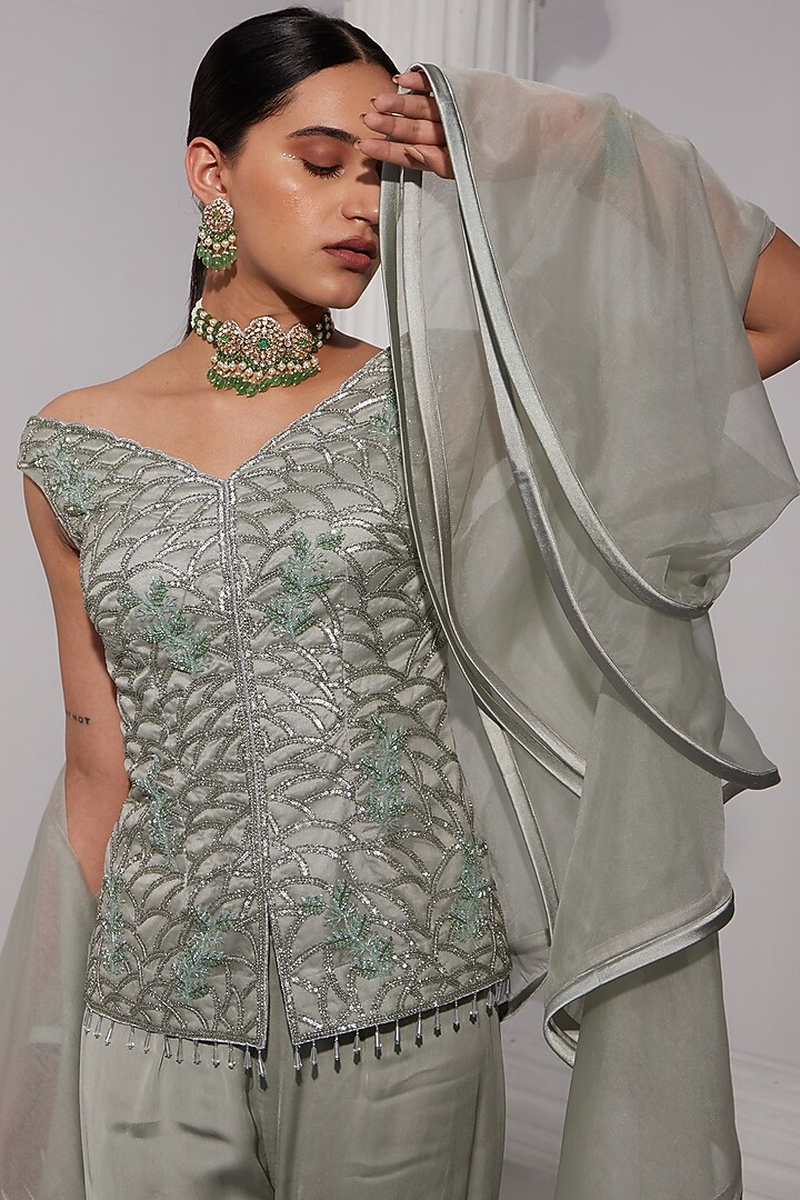 Mint Aqua Organza & Satin Georgette Wedding Sharara Set by Swati Wadhwani Couture at Pernia's Pop Up Shop