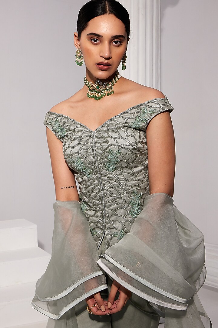 Mint Aqua Organza & Satin Georgette Wedding Sharara Set by Swati Wadhwani Couture at Pernia's Pop Up Shop