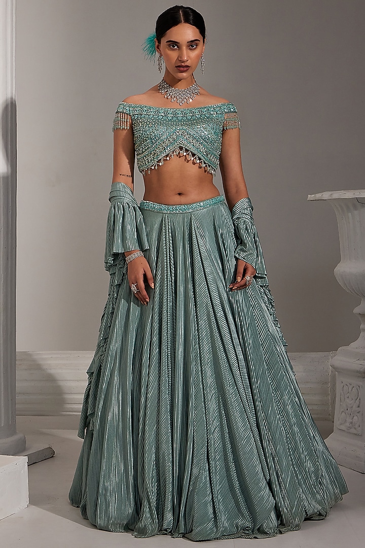 Ice Blue Net & Pleated Satin Lycra Sequins Embroidered Pleated Drape Lehenga Set by Swati Wadhwani Couture