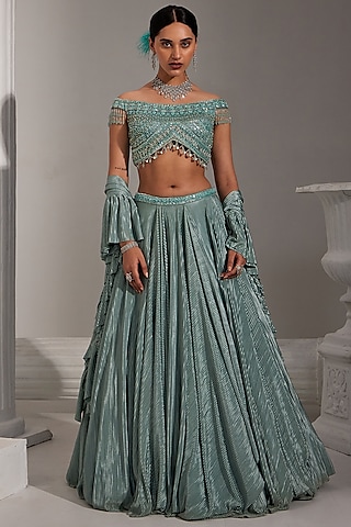 Ice Blue Net & Pleated Satin Lycra Sequins Embroidered Pleated Drape Lehenga Set by Swati Wadhwani Couture