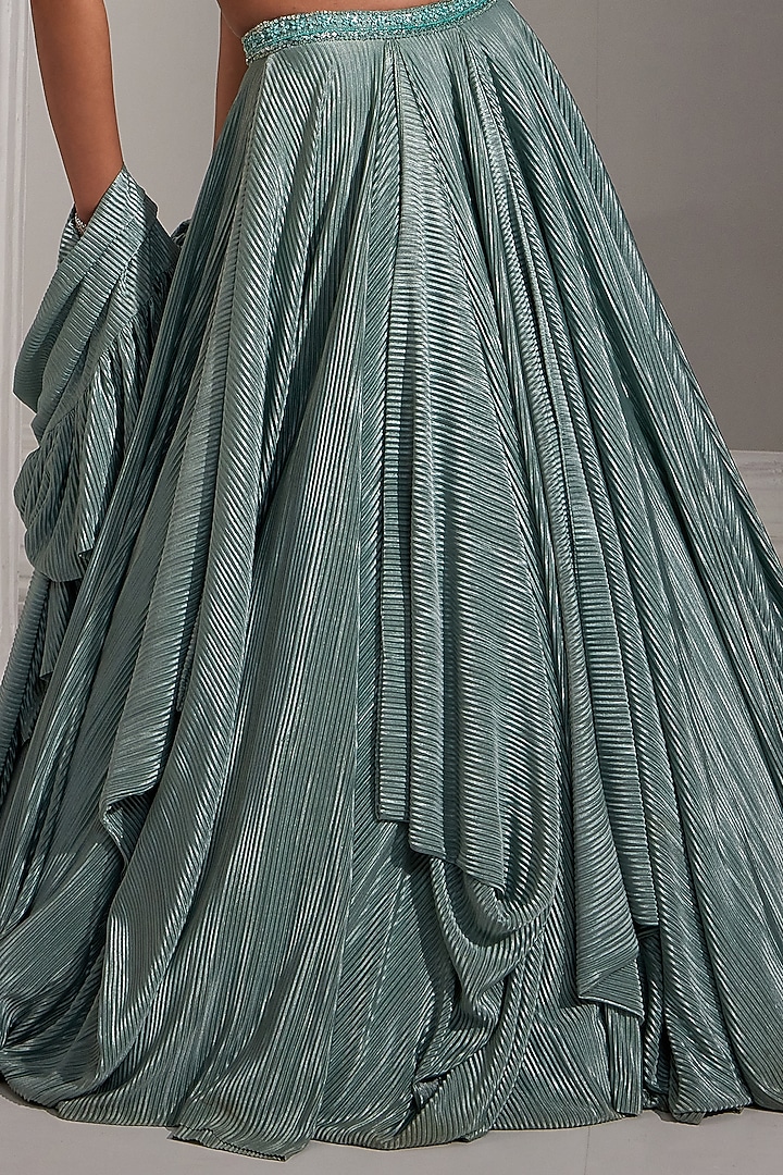 Ice Blue Net & Pleated Satin Lycra Sequins Embroidered Pleated Drape Wedding Lehenga Set by Swati Wadhwani Couture at Pernia's Pop Up Shop