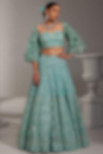 Crystal Blue Net & Dupion Sequins Embroidered Lehenga Set by Swati Wadhwani Couture