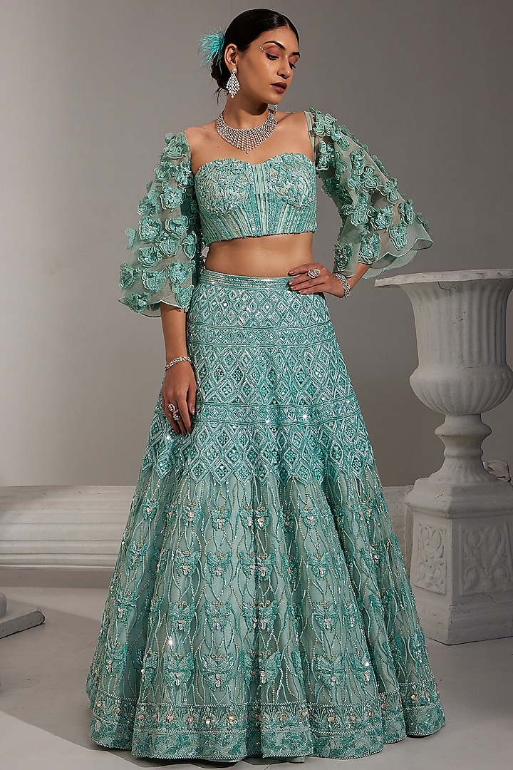 Crystal Blue Net & Dupion Sequins Embroidered Lehenga Set by Swati Wadhwani Couture