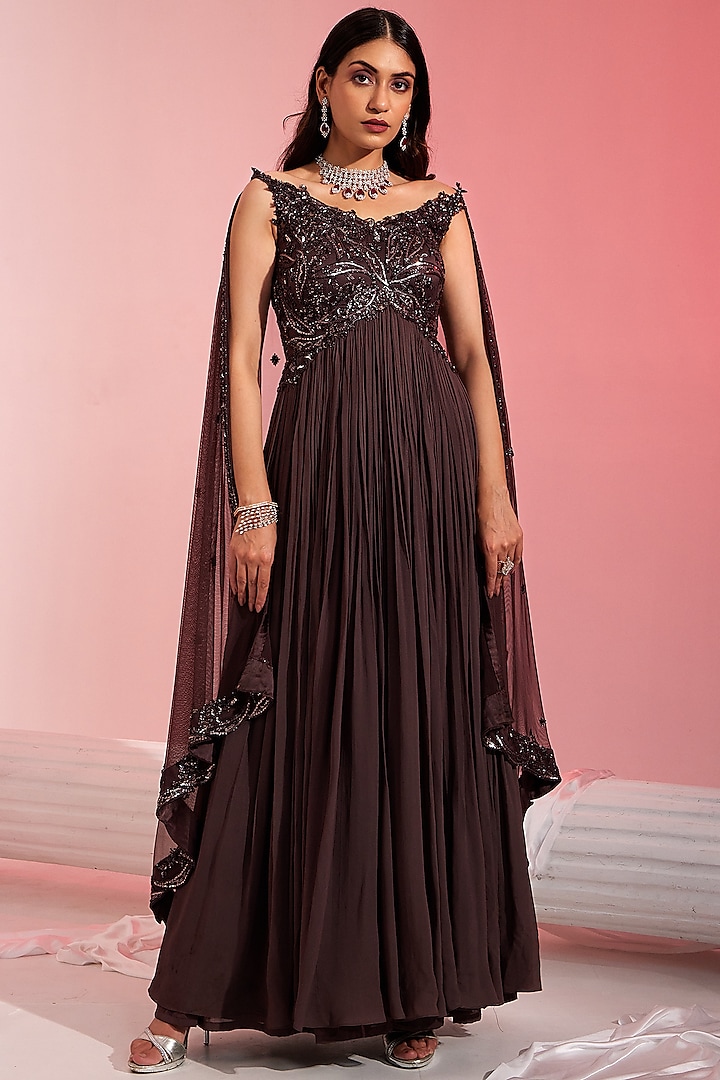 Brown Mauve Net & Georgette Sequins Embroidered Pleated Anarkali Set by Swati Wadhwani Couture