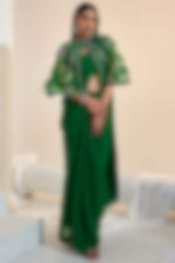 Green Net & Georgette Draped Saree Set With Cape by Swati Wadhwani Couture