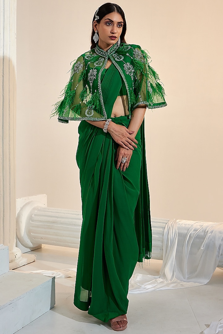 Green Net & Georgette Draped Saree Set With Cape by Swati Wadhwani Couture