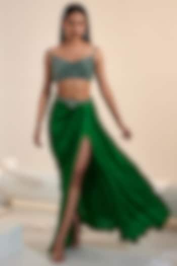 Green Net & Sartin Georgette Draped Skirt Set by Swati Wadhwani Couture