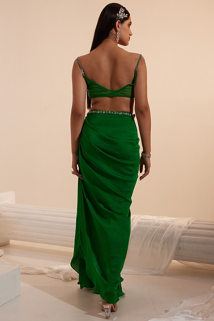 Green Net & Sartin Georgette Draped Skirt Set by Swati Wadhwani Couture at Pernia's Pop Up Shop